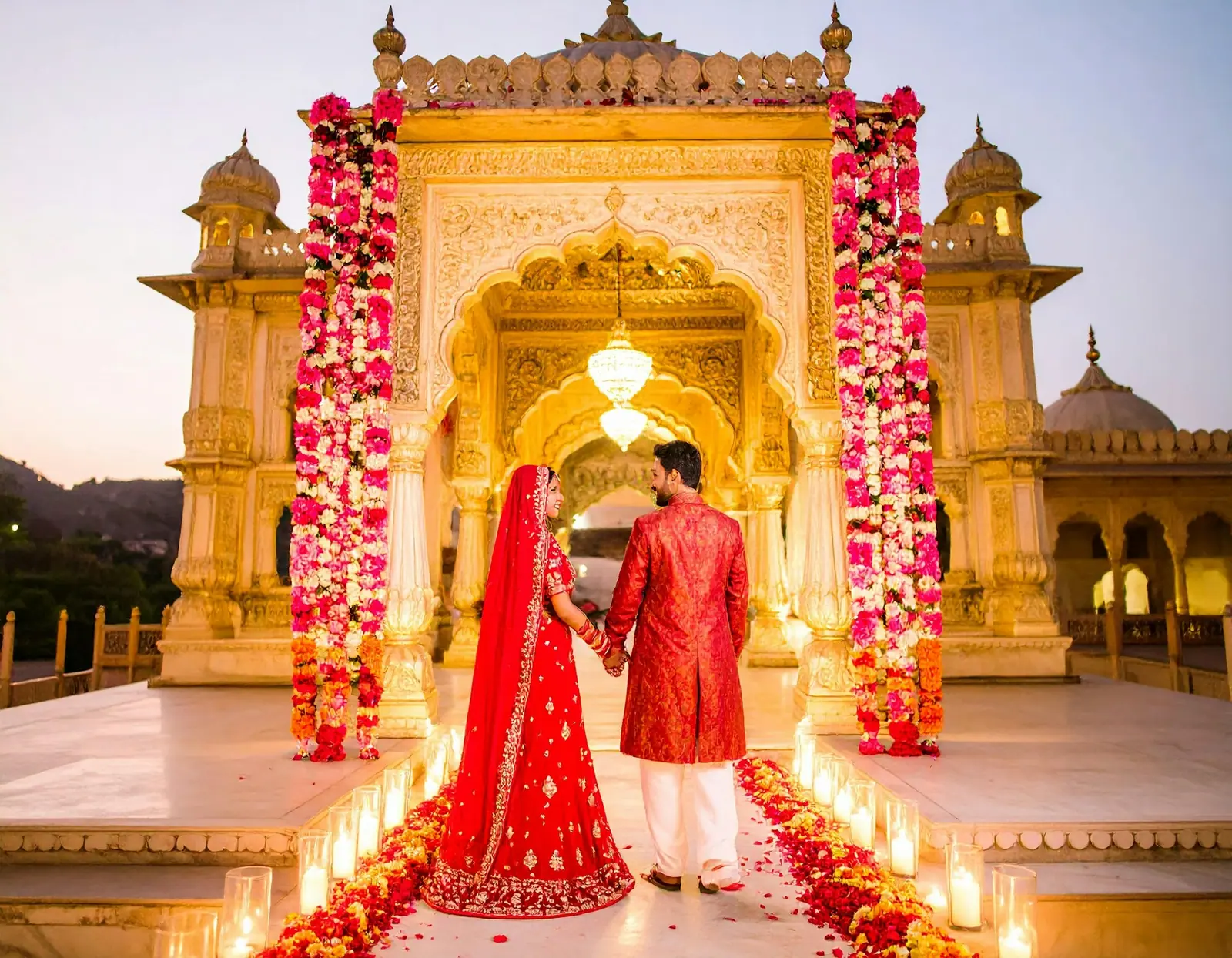 Wedding couple in front of a palace gate