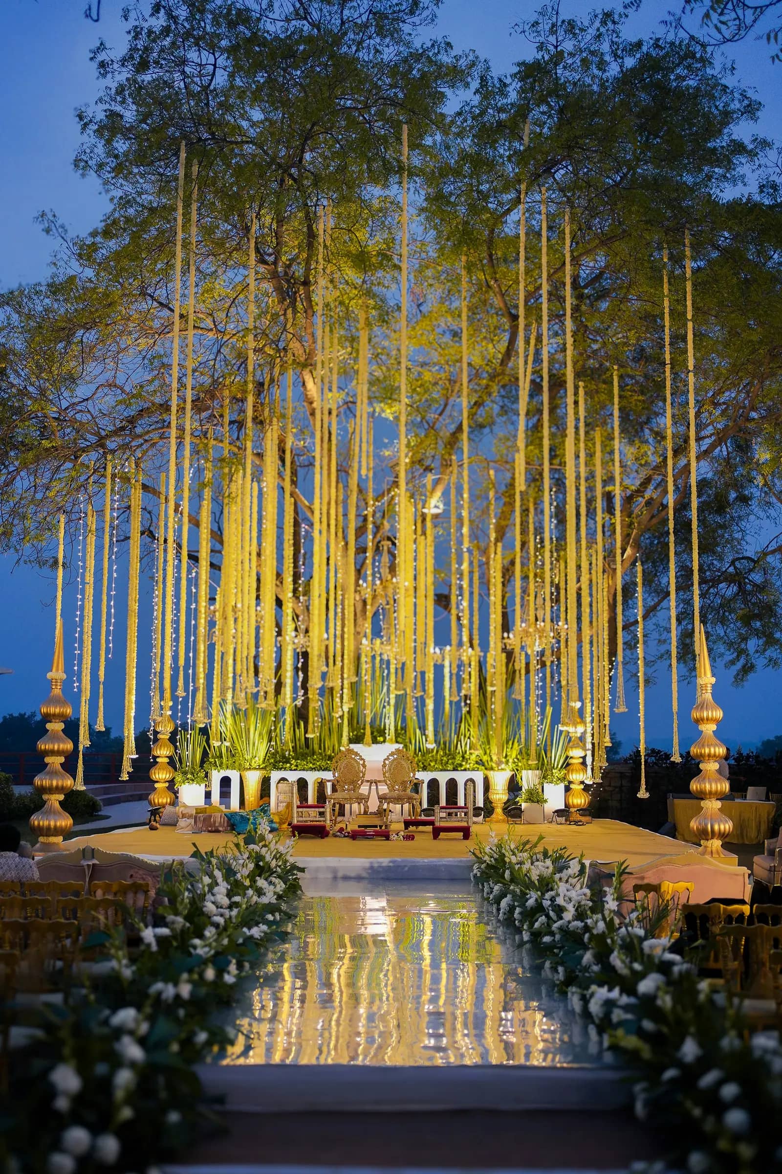 Wedding venue lit by hanging lights