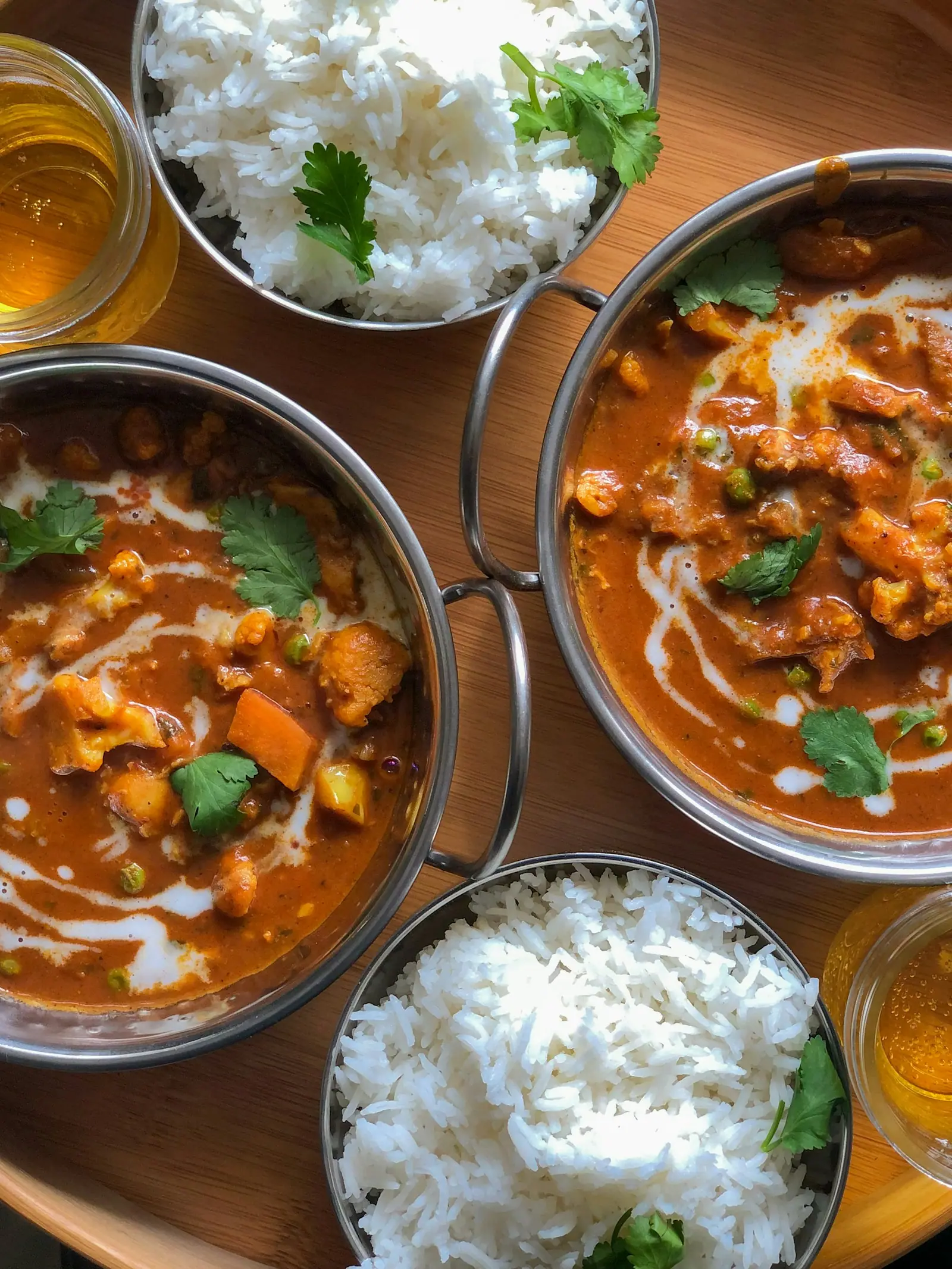Large pots of curry on the serving line