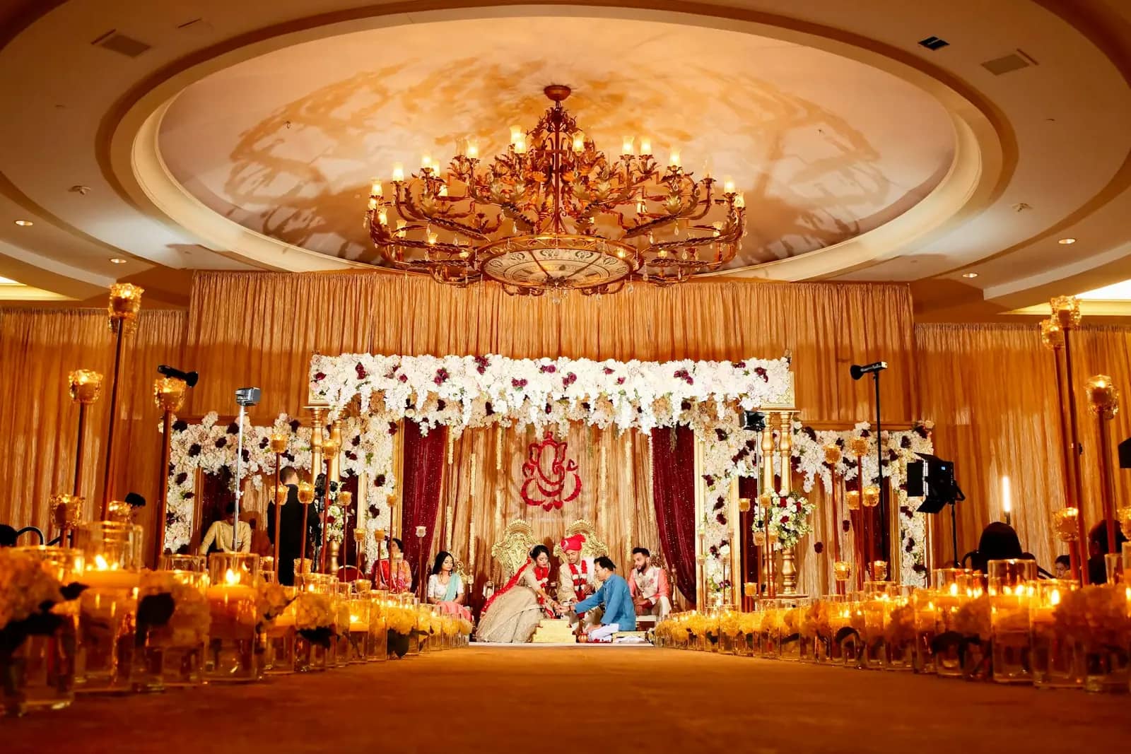 A gold-lit wedding stage