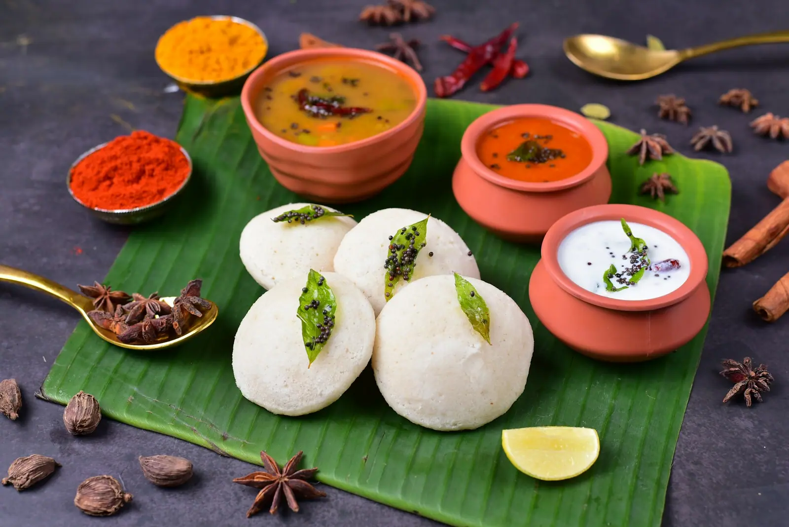 Idlis on banana leaf with chutneys and sambar